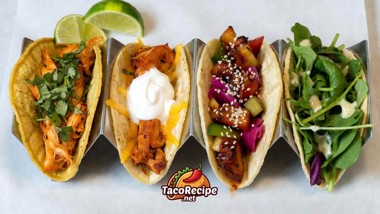 Four different chicken taco variations arranged side by side for comparison