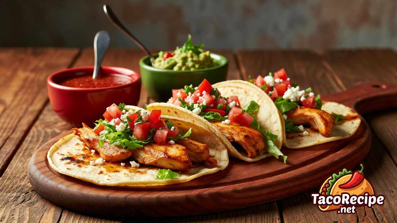Freshly prepared chicken tacos with colorful toppings on a wooden board