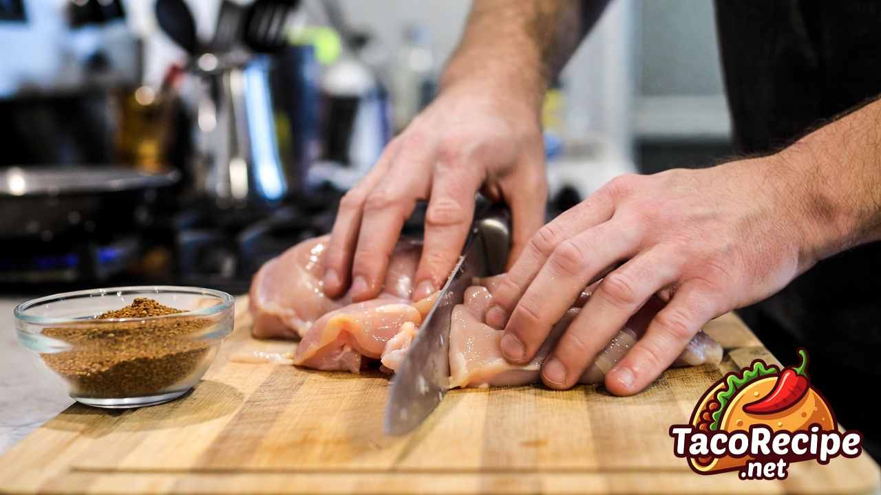 Hands cutting chicken into uniform pieces for taco preparation