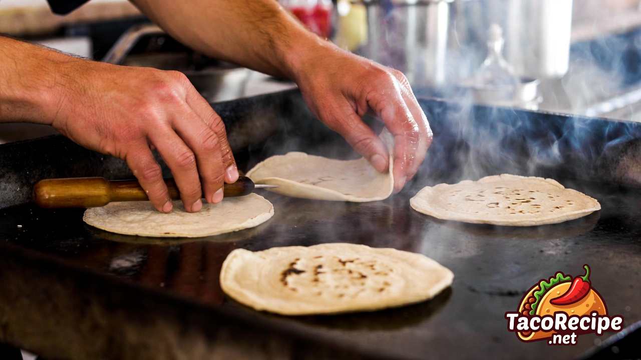 Hands warming corn tortillas on traditional griddle